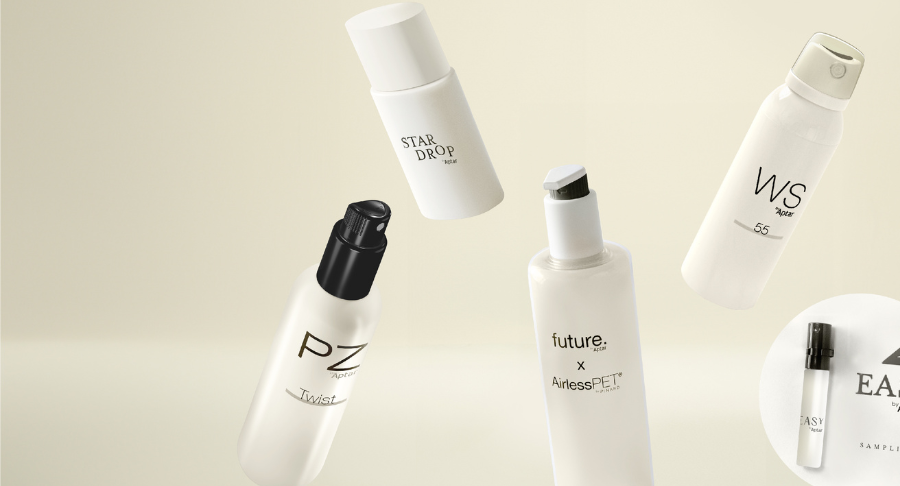 Five white cosmetic bottles with black text labels, including STAR DROP and Future Airless PET, are arranged against a light beige background. One bottle cap lies near the lower right corner.