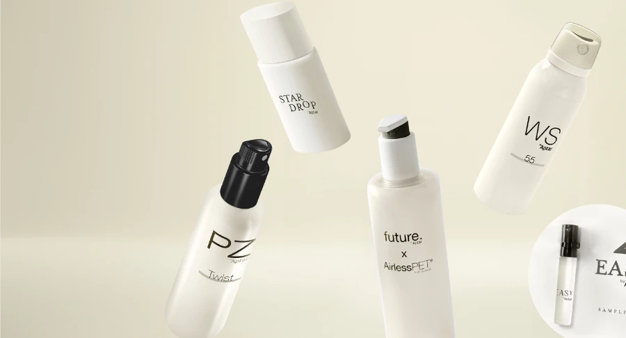 Five white cosmetic bottles with black text labels, including STAR DROP and Future Airless PET, are arranged against a light beige background. One bottle cap lies near the lower right corner.