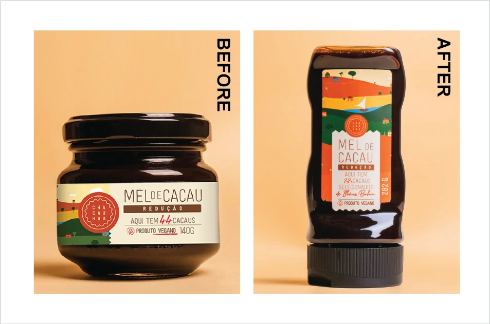 a before and after image showing the impact of Aptar's inverted closure and valve solution on Chacauhaa's product