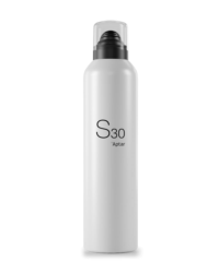 A white spray bottle with a clear cap and the text S30 by Aptar printed on the front, featuring an aerosol foam actuator, stands upright against a plain white background.