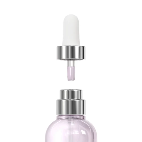 A close-up of Neo Dropper , a classic dropper packaging featuring a white rubber  pipette and silver collar, positioned above a matching glass bottle filled with light purple liquid, both set against a clean white background.