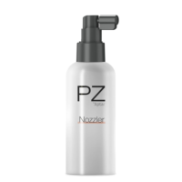 A black PZ Nozzler spray pump with a nozzle is mounted on a white cylindrical bottle. The packaging is displayed against a plain white background.