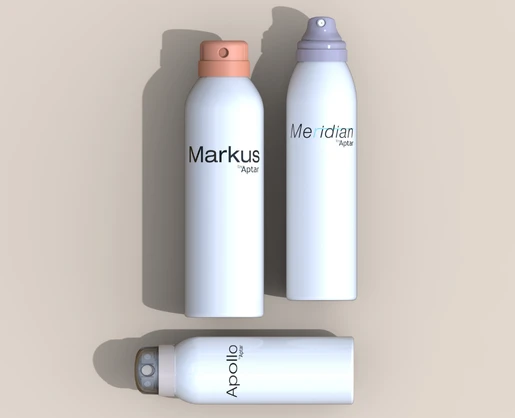 Three white aerosol cans with premium twist to lock aerosol actuators are shown against a beige background. Each bottle, labeled Markus, Meridian, and Apollo in minimalist, modern fonts, features a uniquely colored actutator.