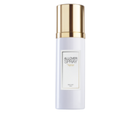 A white cylindrical bottle labeled ALLOVER SPRAY by Aptar, featuring premium aerosol packaging labeled All Over Spray with a gold, shiny cap and a simple rectangular label. This 150 ml body mist combines elegance and functionality.