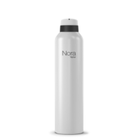 A tall, white spray can with a black and white twist-to-lock aerosol actuator for gel features the text Nora by Aptar on its front. The bottle stands out against a plain white background.