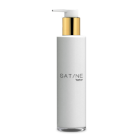 A sleek white bottle with Satine, a Generous Dosage Cosmetic Pump,stands upright against a plain white background.