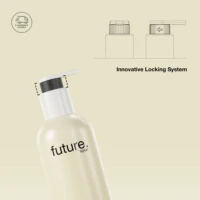 A lotion bottle labeled future. with a pump dispenser is shown, alongside a diagram illustrating an innovative locking system designed for secure, easy use and adaptable to omnichannel packaging needs.