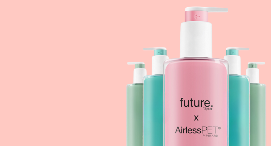 Five pastel-colored pump bottles, featuring the central pink bottle labeled Future Airless PET showcase elegant design and innovative recyclable PET airless packaging against a solid light pink background.