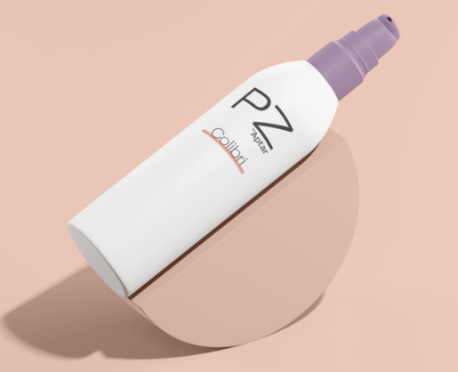 Aptar Beauty PZ 3 high-performing pump mounted on a white cylindrical bottle labeled 'PZ3 Colibri' against a beige background.