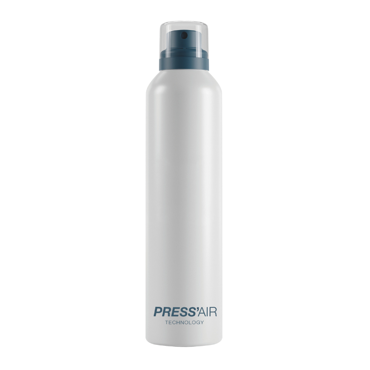 A tall, white aerosol compressed air spray can with a gray actuator and the words PRESSAIR TECHNOLOGY printed near the bottom. The can features a minimalistic design with an advanced compressed air aerosol valve, set against a clean white background.
