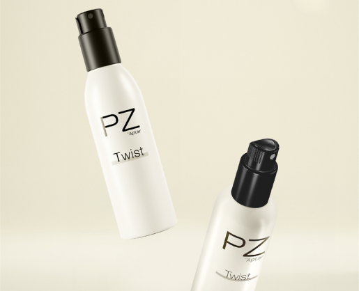 Two white bottles with black pump spray pumps labeled PZ Aptar Twist. The bottles float against a light beige background.