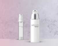 Two sleek, modern skincare bottles labeled Albion and Albion Mini are displayed against a soft, gradient pink and gray textured background. The design highlights Aptar’s innovative airless beauty packaging.