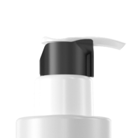 Close-up of GS, Aptar Beauty's Iconic high-performing dispensing pump,  with an E-clip locking system. The pump is mounted on a white bottle.