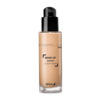 A clear bottle with a black, versatile cosmetic pump named Metropolitan contains beige liquid foundation labeled MAKE UP LOTION PUMP by Aptar. The bottle stands upright against a white background.