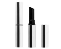 A sleek silver guided lipstick packaging is shown in three parts: one closed, one open displaying black lipstick, and one detached cap set beside the open tube, all against a white background.