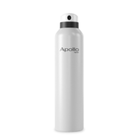A tall, white aerosol spray can with a black band near the top and the word Apollo in gray letters on the front. Featuring a dual-spray aerosol actuator, the integrated cap and nozzle sit against a plain white background.