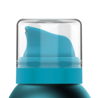 A close-up of Meridian, a contemporary aerosol actuator molded in blue. The background is white.