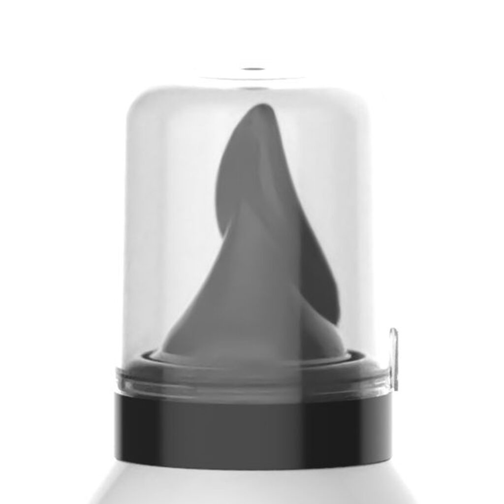 Close-up of a bottle featuring an Aerosol Actuator for Whipped Formulas named Aspire with a dark, spiral-shaped nozzle inside a clear plastic cap, set against a white background.