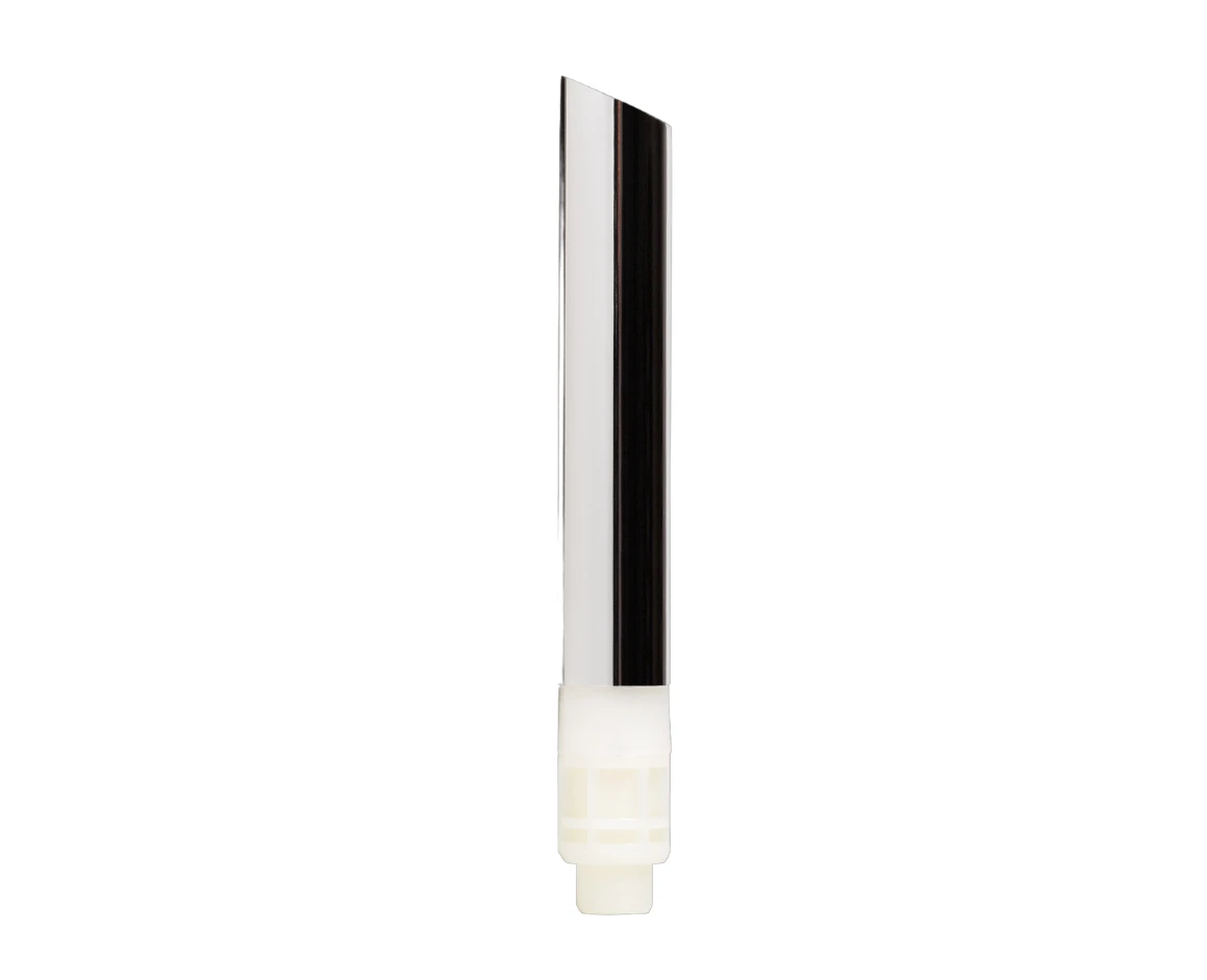 An angled silver guided lipstick mechanism with a transparent end, for smooth and regular rotation for precise and controlled application.