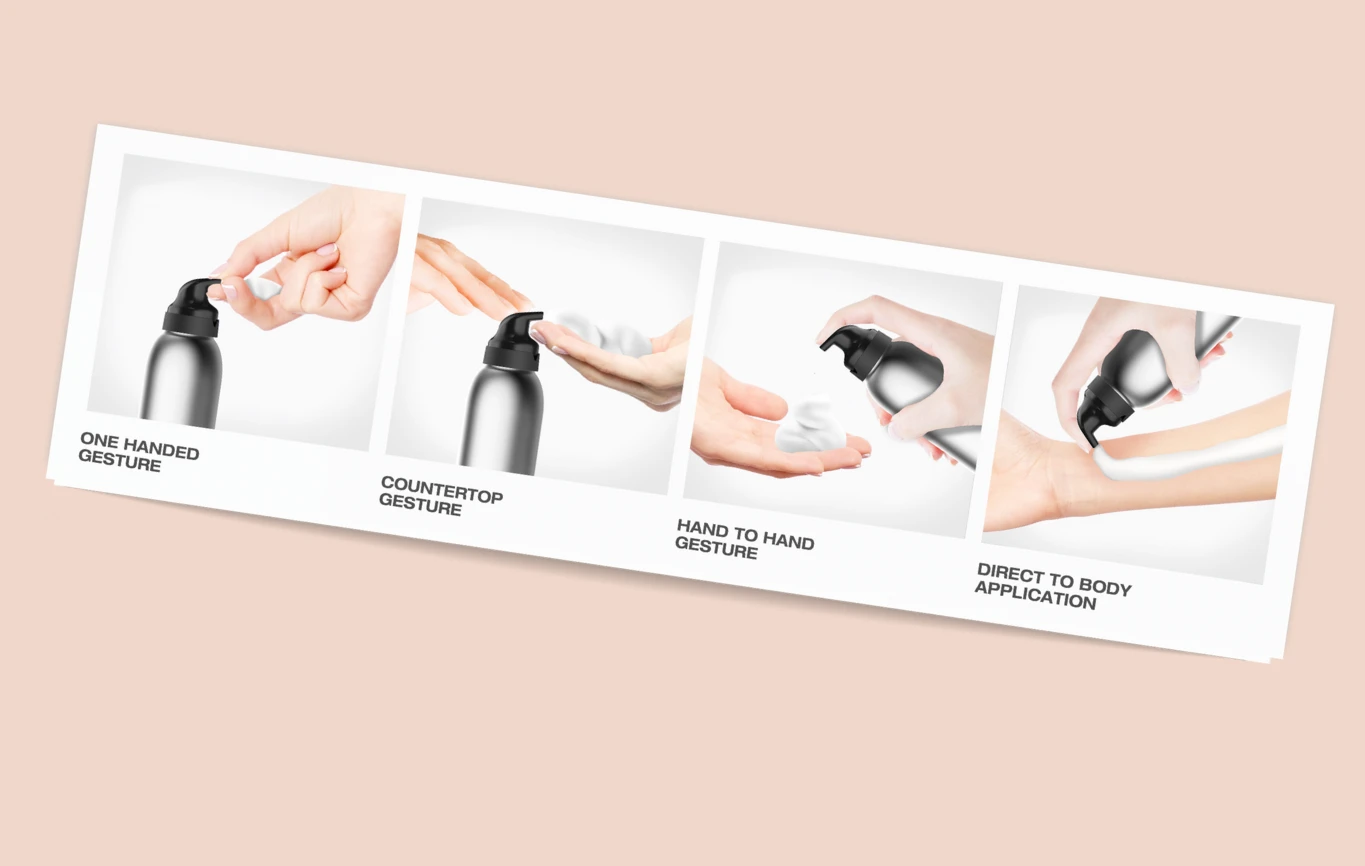 Four panels show hands using a luxury beauty dispensing labeled Bliss pump: one-handed use, dispensing onto a hand on a counter, pumping into another hand, and applying product directly onto an arm. Each panel has a descriptive label below.