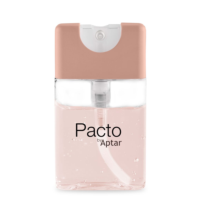 Close-up of an Aptar’s Purette Lotion bottle  with flat mini packaging , featuring a pale pink cap and a clear body filled with light pink liquid. The label reads 'Pacto by Aptar,' and small bubbles are visible inside the liquid.