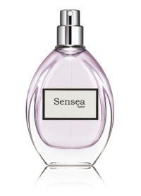 A clear glass perfume bottle with light purple liquid inside, labeled Sensea Aptar. Featuring a Silver High Quality Prestige Fragrance Pump.