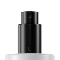 Close-up of a black customizable spray pump labeled PAV, mounted on a white bottle, featuring a fine mist nozzle, isolated against a plain white background.