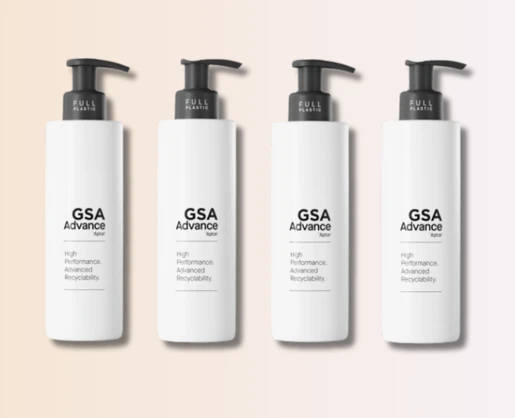 Four white pump bottles labeled GSA Advance with the text High Performance. Advanced Recyclability. feature a recyclable dispensing pump, and are lined up against a soft gradient background.