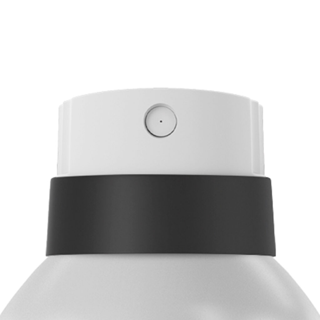 Close-up of a silver spray bottle with a white top and twist-to-lock aerosol actuator for spray named Tina against a white background.