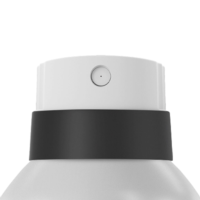 Close-up of a silver spray bottle with a white top and twist-to-lock aerosol actuator for spray named Tina against a white background.